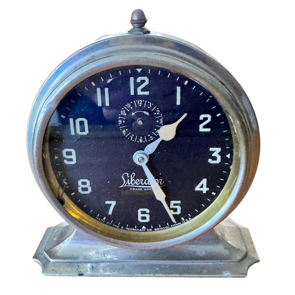 Vintage Ingraham Liberator Alarm Clock Silver Metal Art Deco Desk Clock USA